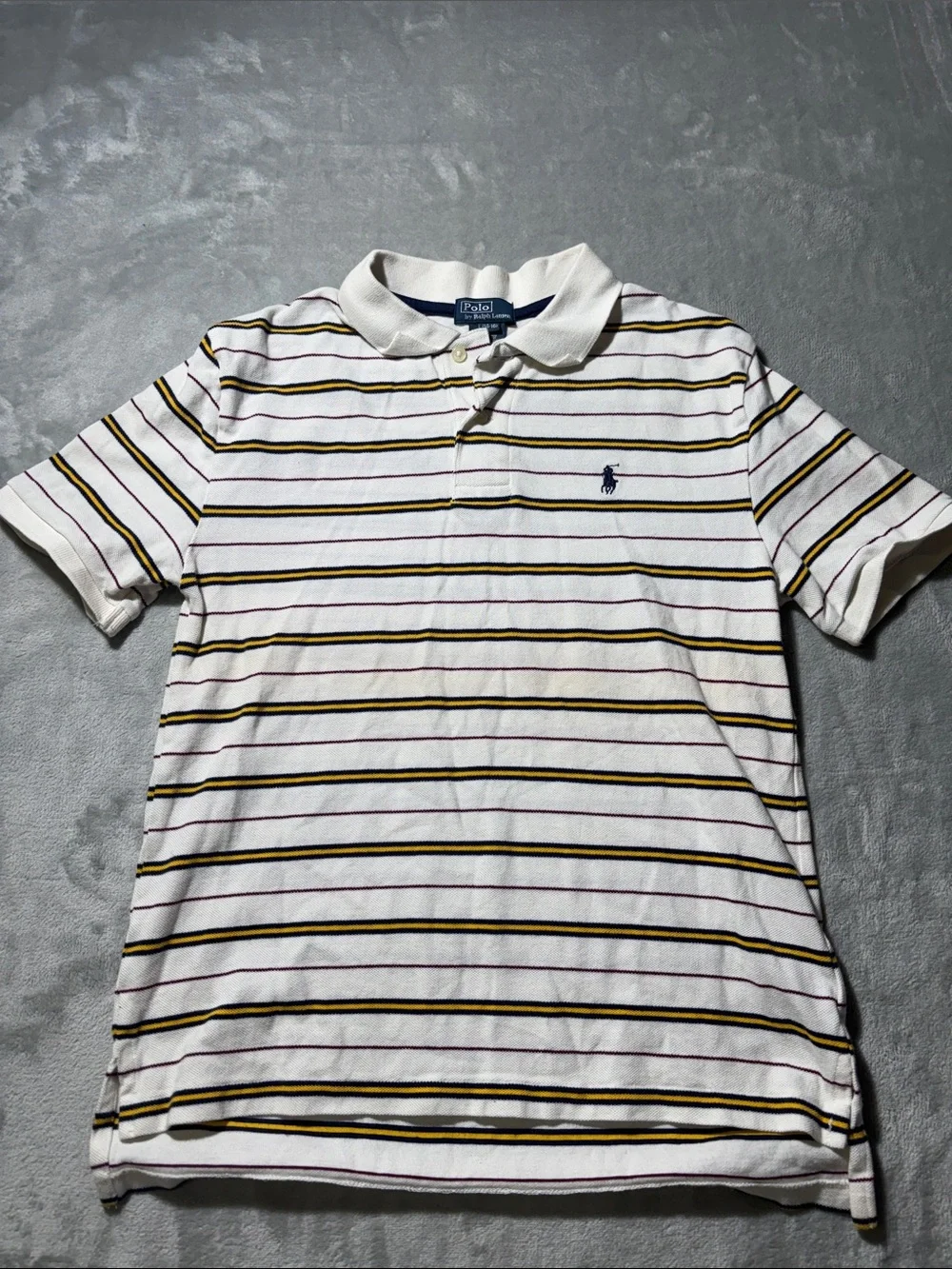 Polo Ralph Lauren Boys L 14-16 Striped Polo Shirt White Navy Yellow Pony